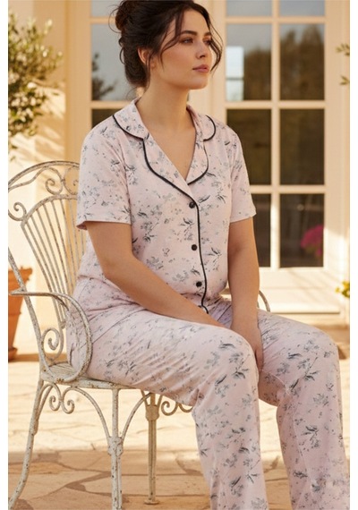 Siyah İnci Büyük Beden Battal Boy Düğmeli Biyeli Viskon Örme Pijama Takım 26120966 Pembe