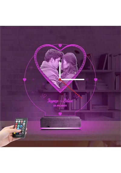 Luvivia Kalp Sevgiliye Hediye V1 Fotoğraflı Saatli 3d Lamba - Masa Gece Lambası