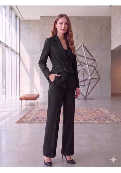 Prenses Blazer Ceket Geniş Paça Pantolon Takım Elbise Siyah