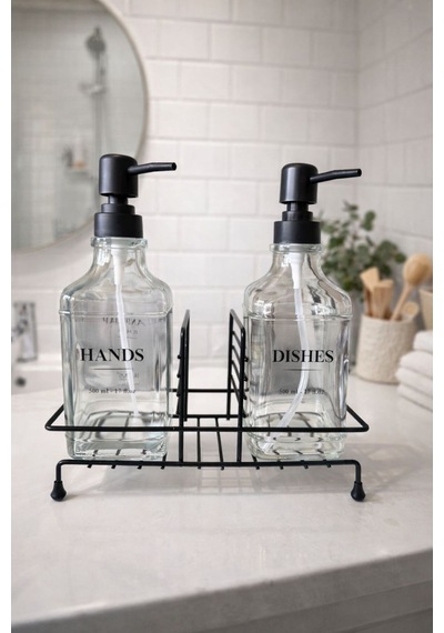 Karteya Siyah Metal Kare Sıvı Sabunluk Standı 250 Ml Ve 500 Ml Uyumlu 2 Adet Şişe Siyah