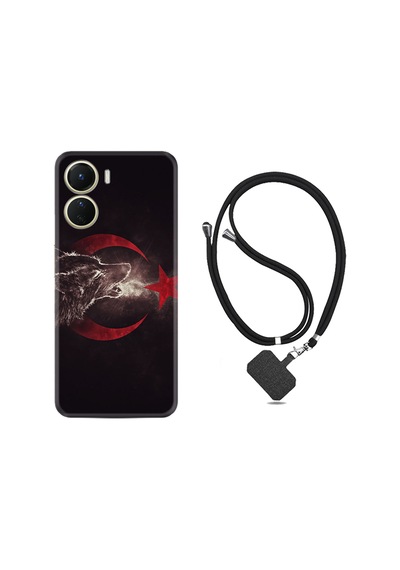 Vivo Y16 Kılıf İpli Boyun Askılı Desenli Silikon Kurt ve Ay Yıldız 1403