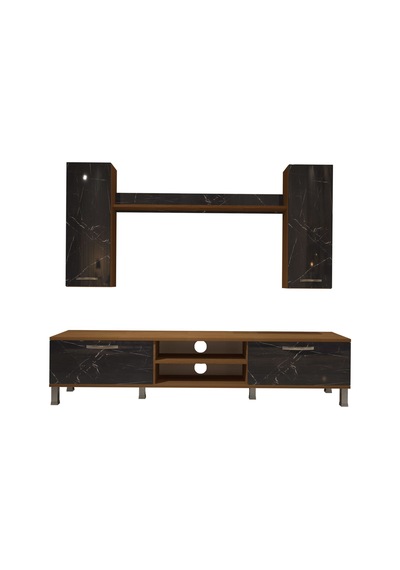 Decoraktiv Eko 7 Mdf Dvd Krom Ayaklı Tv Ünitesi Tv Sehpası Ceviz - Siyah Mermer