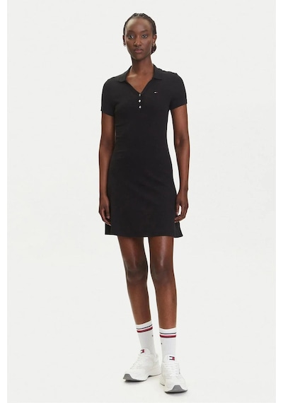 Tommy Hilfiger Kadın Polo Yaka Fit & Flare Kesim Fitilli Elbise - Siyah-8677 Triple Black