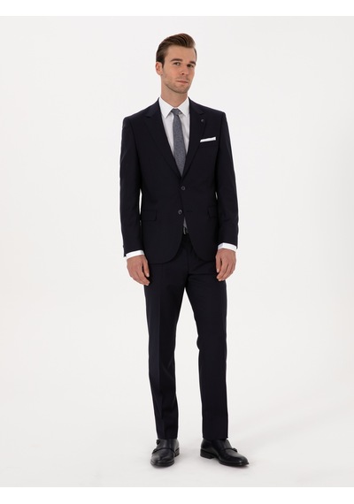 Cacharel Lacivert Slim Fit %100 Yün Mono Yaka Basic Takım Elbise