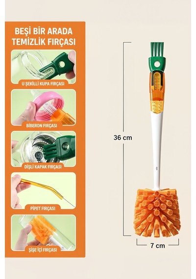5 Farklı Uç 36cm Çok Amaçlı Biberon Su Şişesi Suluk Sürahi Temizleme Bulaşık Fırçası Mt297