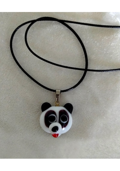 Handmade El Yapimi Murano Cam Kolye-Panda Modeli Gümüş