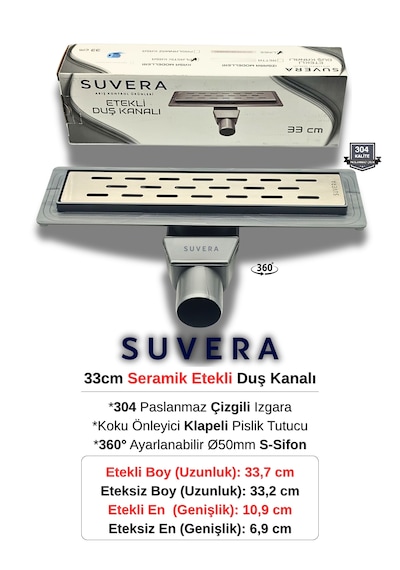 33cm 304 Paslanmaz Izgaralı Seramik Etekli Koku Önleyici Klapeli Duş Kanalı - Ø50 Mm 360 S-sifon Çizgili Izgara Çizgili Izgara Line