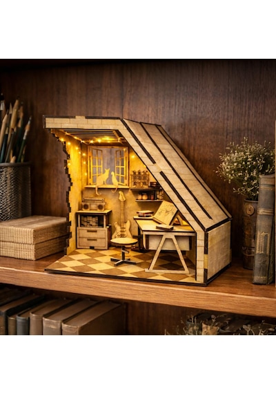 Mini Study Room Ahşap Maket Seti Dıy Book Nook Çalışma Odası Kitaplık Dekoru