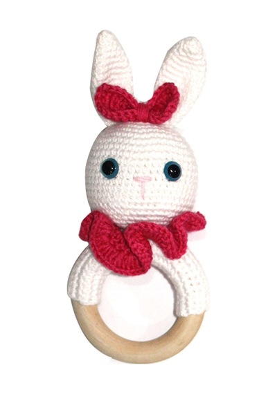 Bebegen Fuşya Pelerinli Beyaz Tavşan Amigurumi Çıngırak Çok Renkli