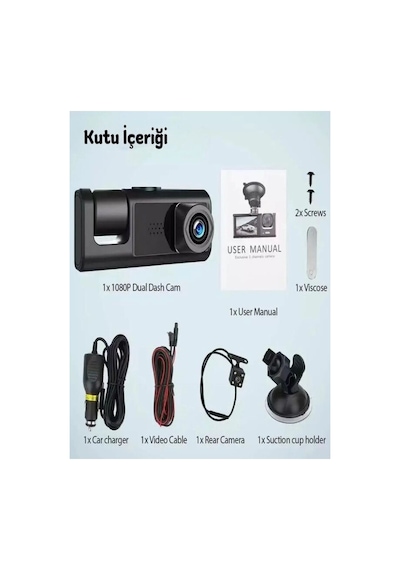 1080p 3 Kameralı Araç İçi Kamera Ips Ekranlı Ultra Geniş Açılı Gece Görüşlü G Sensörlü