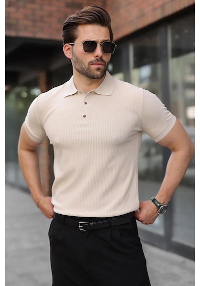 Madmext Taş Rengi Çıt Kapamalı Polo Yaka Triko Erkek Tişört E7493