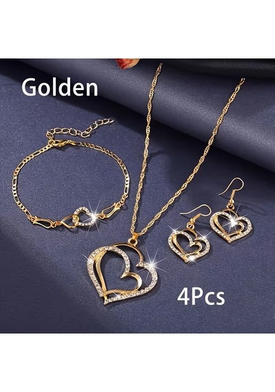 Moda My Love 2li Kalp Bileklik, Kolye, Küpe Set, Sevgililer Günü Altın