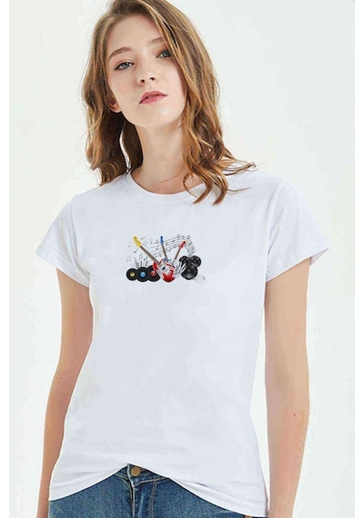 Müzik Akort Baskılı Beyaz Kadın Tshirt
