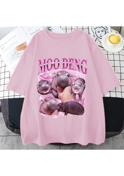 Flood Of Style Tayland Yılında Moo Deng Bouncy Domuz Bebek Komik Meme T-shirt Erkekler Kadınlar Kawaii T-shi Pembe