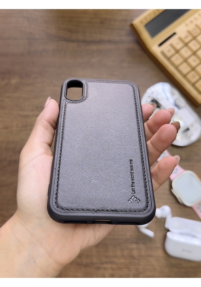 Apple iPhone X Uyumlu Premium Deri Dokulu Darbelere Karşı Dayanıklı Nazal Silikon Kılıf Siyah