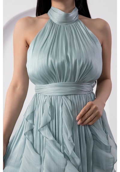Kalopya Halter Yaka Eteği Fırfırlı Saten Elbise Eli6073 Mint