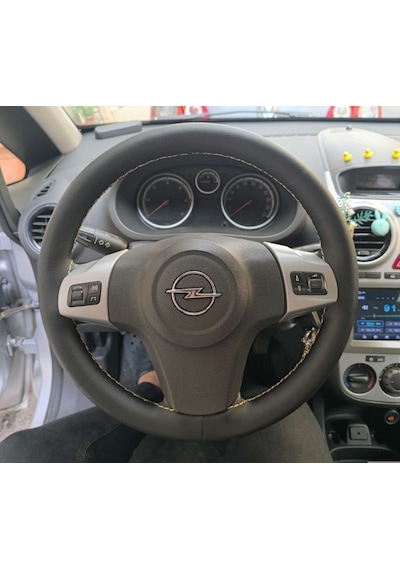 Dikişli Direksiyon Kılıfı Siyah Deri Bej Dikişli Opel Corsa D İçin Siyah