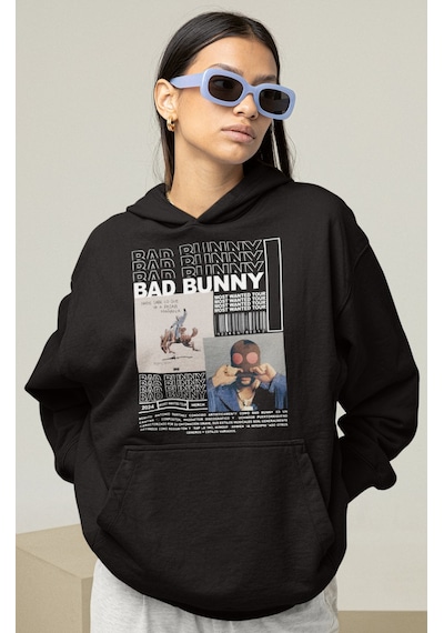 Sevbano Tasarım Bad Bunny Rapper Baskılı Unisex Oversize Şarkıcı Hoodie Siyah