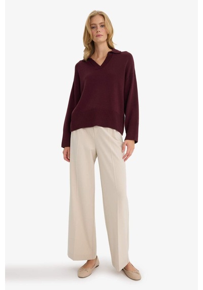 Defacto Oversize Geniş Kalıp Polo Yaka Triko Kazak F9126ax25wnbr467 Bordo