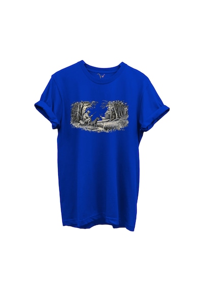Doğa Ve Avcılık Konseptli Orman Sahnesi Baskılı %100 Pamuk Regular Fit Bisiklet Yaka Unisex T-shirt Saks Mavi