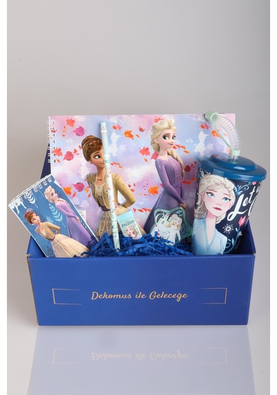 Dekomus Lisanslı İle Gıft Box Özel Kutulu "frozen Karlar Ülkesi Kırtasiye Seti" Pipetli Bardak,silgi,not Defteri Altın