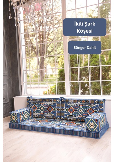 Mini Şark Köşesi Takımı Mavi Anadolu 5 Parça Süngerli 2 Kolluklu Sedir Seti