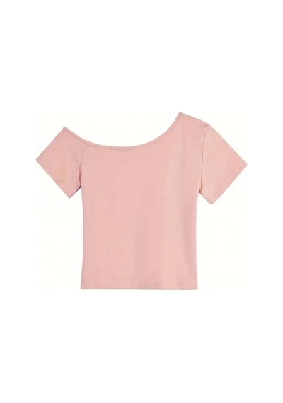 Pembe Kadın Düşük Omuz Kayık Yaka Dar/slim Likralı T-shirt Pembe