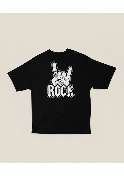 Rock And Roll Baskılı Unisex Oversize Tişört Siyah