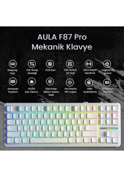 Aula F87 Pro Mekanik Rgb Tkl Kayhua İntelligent Switch Kablosuz Makrolu Hot Swap Klavye Desenli Beyaz