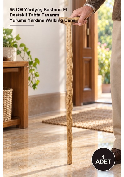 1 Adet Ahşap Baston 95 Cm Yürüyüş Bastonu El Destekli Tahta Tasarım Yürüme Yardımı Walking Cane