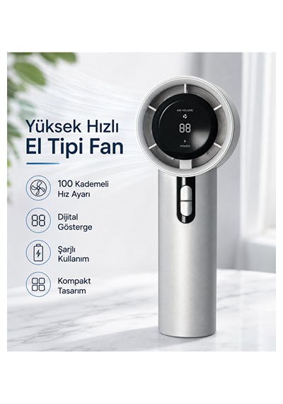 100 Kademeli Dijital Göstergeli Şarjlı El Tipi Fan Taşınabilir Mini Masaüstü Fan Gri