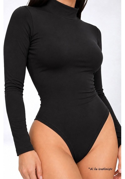 Cottonhıll Premium - Drape Collection Siyah Viskon Balıkçı Yaka Uzun Kollu Çıtçıtlı Kadın Bodysuit