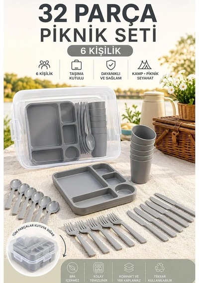 32 Parça Piknik Seti 6 Kişilik Taşıma Kabı Dahil, Gri Belirtilmemiş