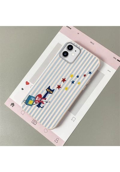 Apple iPhone 11 Uyumlu Beyaz Deri Dokulu Silikon Kamerayı Korur Şok Emici Kedi ve Yıldız Desenli Kılıf