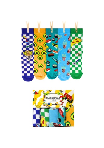 Carnaval Socks Damalı Ve Renkli 5'li Fast Food Tasarım Çorap Kutusu Beyaz - Mavi-turuncu-yeşil