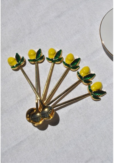 6 Adet Limonlu Gold Çay Kaşığı Sunum Limon Dekorlu Çay Kaşık