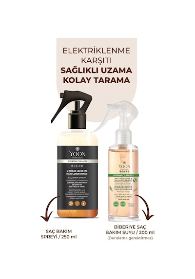Yoon 2'li Vegan Saç Spreyi & Biberiyeli Saç Bakım Suyu, Keratin & Kolajen İçeren Set