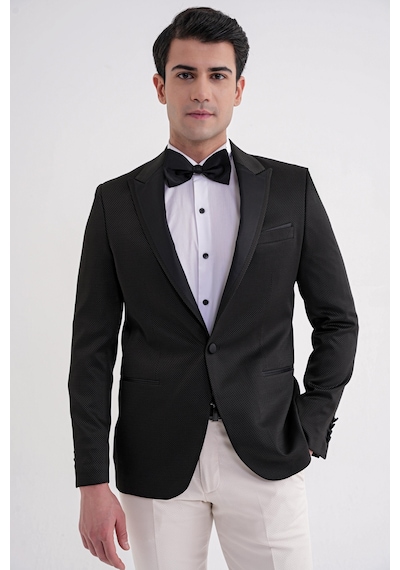 Black 035 Slim Fit Saten Yaka Çift Yırtmaçlı Tek Düğmeli Siyah Damatlık Smokin Ceket Siyah