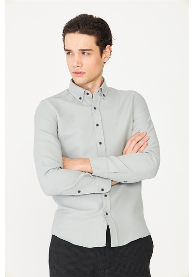 Gri Düğmeli Yaka Uzun Kollu Gömlek Slim Fit Gri