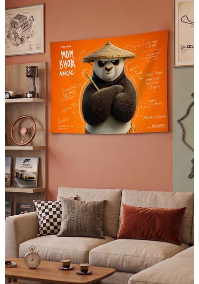 Kung Fu Panda Po Usta Savaşçı Turuncu Dekoratif Duvar Örtüsü Duvar Halısı Beyaz