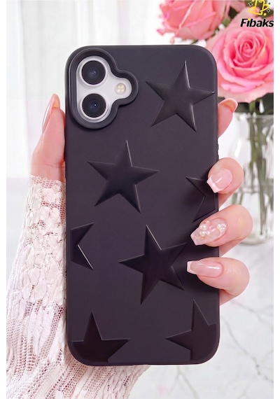 Fibaks iPhone 17 Uyumlu Kılıf Siyah Yıldız Star Desenli Silikon Darbe Emici Klasik Silikon Kapak