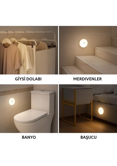 6'lı Set Hareket Sensörlü Gece Lambası Usb Şarjlı 4000k Gün Işığı Led Duvar, Dolap, Merdive Diğer
