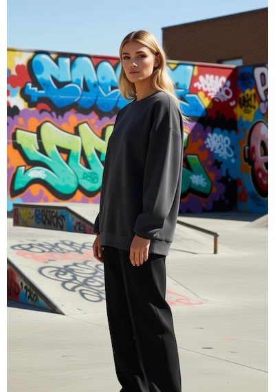 Benerly Kadın Bisiklet Yaka Düşük Kol Oversize Kalın Örme Sweatshirt Fonk Antrasit