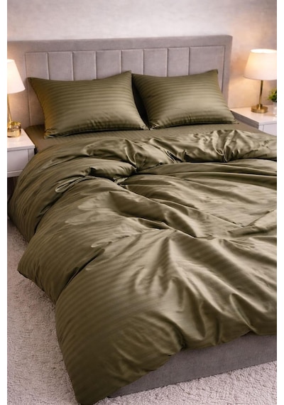Tr Wova Home Olive Stripe Çift Kişilik Nevresim Takımı%90 Pamuk 83 Tel Saten Çizgili Lastikli Çarşaflı Yeşil Ne Genel