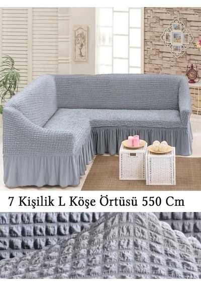 Starmall Bürümcük 7 Kişilik Köşe Koltuk, Kanepe Örtüsü, Koltuk Kılıfı, Lastikli, Etekli, L Köşe 550 Cm Gri Gri