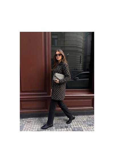 Onno Style Women Desenli Çelik Örgü Uzun Triko Kadın Kaban Siyah