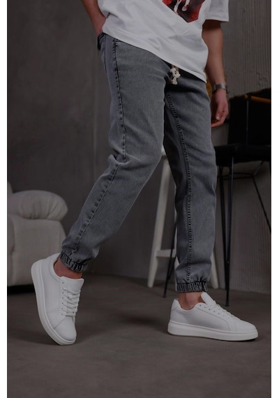 Oksit Zessi Paçası Ve Beli Lastikli Slim Fit Likralı Kot Jogger Pantolon Siyah