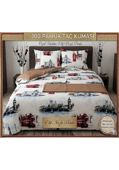Çift Kişilik Nevresim Takımı-Londra Motifli-% 100 Pamuk