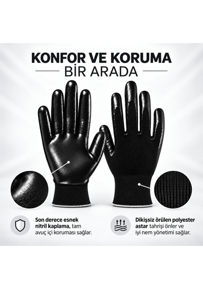 Nitril Kaplama Siyah İş Güvenlik Eldiveni 10 Xl Beden Double Nitril Polyester İnşaat Sanayi Eldiveni Diğer