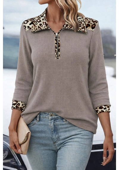 Butik İstanbul Kadın Uzun Kollu Leopar Yakalı Fermuarlı Waffle Bluz Bej Butik İstanbul Kadın Uzun Kollu Leopar Yakalı Fermuarlı Waffle Bluz Bej